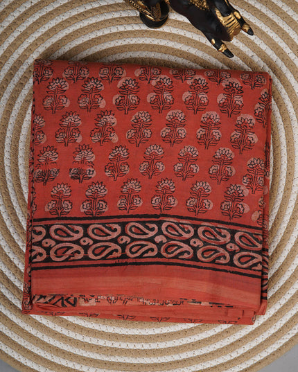 Mul cotton saree with block floral print - Rust Orange