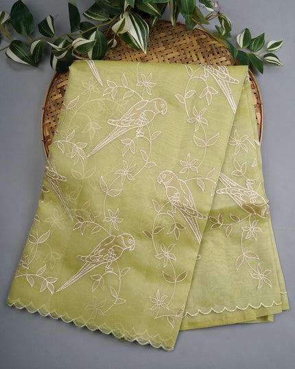 Linen Tissue Saree With Applique Work And Scallop Border - Pista Green