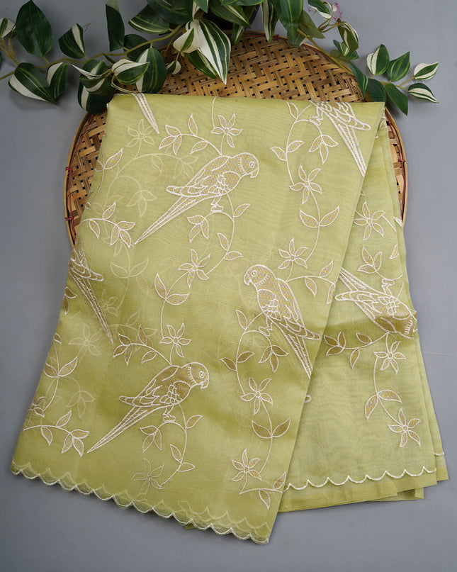 Linen Tissue Saree With Applique Work And Scallop Border - Pista Green
