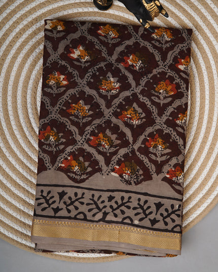 Mul cotton saree with Floral Kalamkari block print and contrast border - Brown