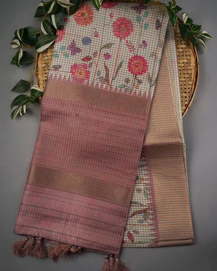 Tusser Weaving Checks Floral Print with Golden Border- White Pink