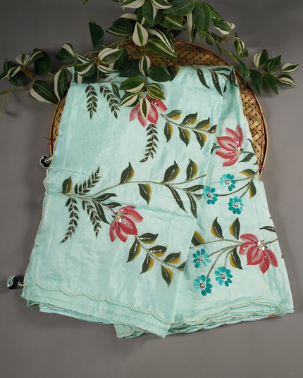 Russian Crape Hand Painting Design With Kardana & Sequence Work Scallop Border With Pearl Work - Mint Blue