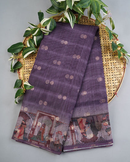 Silk Kota Saree With Digital Print And Gold Weaving Butties - Lavender