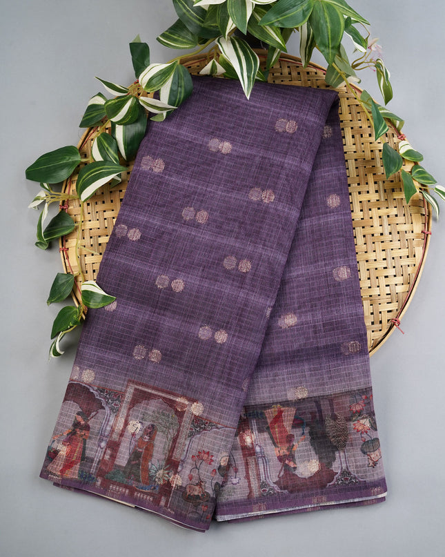 Silk Kota Saree With Digital Print And Gold Weaving Butties - Lavender