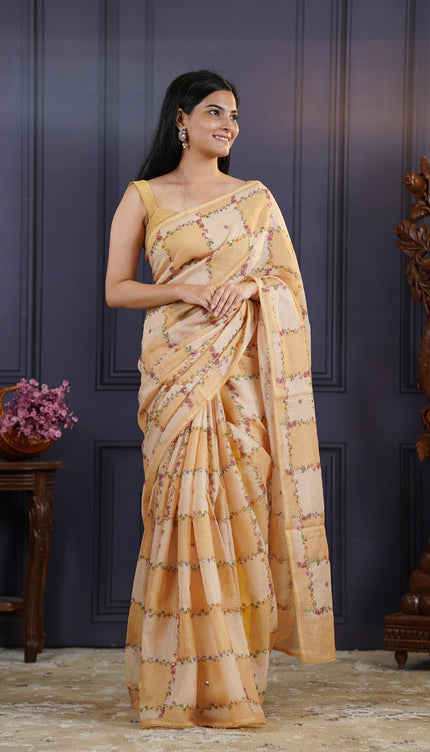 Kota Silk Saree with Floral Print and Knot Work-Beige