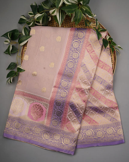 Tissue Banaras Saree with Gold Zari Butties and Contrast Border- Light Pink