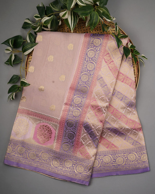 Tissue Banaras Saree with Gold Zari Butties and Contrast Border- Light Pink