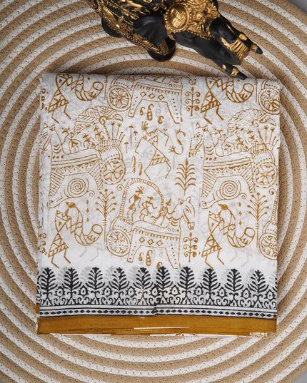 Mul cotton saree with Warli print - White