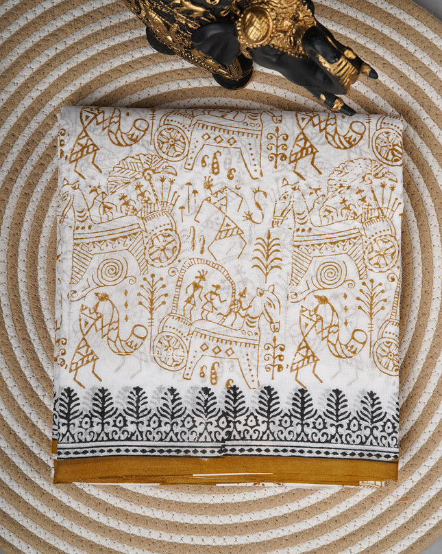 Mul cotton saree with Warli print - White