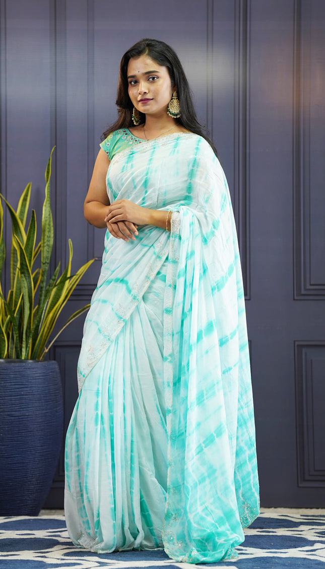 Soft Silk Crepe Shibori Print with Scallop Border-Sky blue