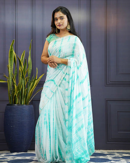 Soft Silk Crepe Shibori Print with Scallop Border-Sky blue