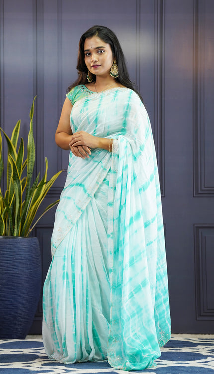 Soft Silk Crepe Shibori Print with Scallop Border-Sky blue