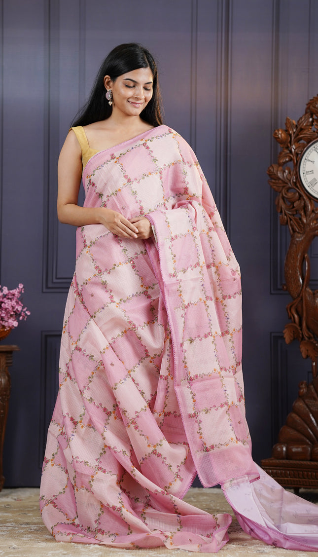 Kota Silk Saree with Floral Print and Knot Work- Baby Pink