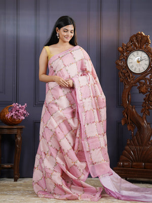 Kota Silk Saree with Floral Print and Knot Work- Baby Pink
