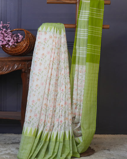 Mangalagiri cotton foral print contrast Border - Cream & Pista Green