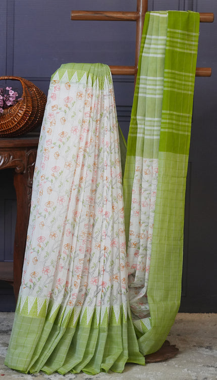 Mangalagiri cotton foral print contrast Border - Cream & Pista Green