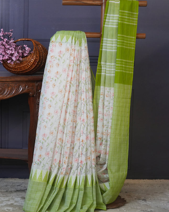 Mangalagiri cotton foral print contrast Border - Cream & Pista Green