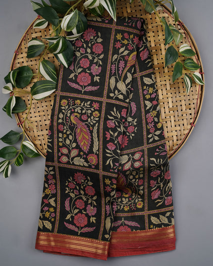 Chanderi Silk Floral Print with Contrast Border- Black