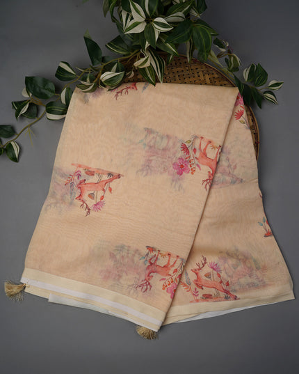 Linen Silk With Printed Butties - Cream & Pink