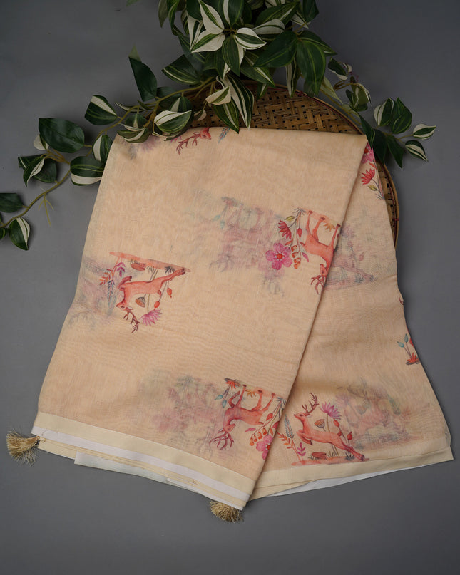 Linen Silk With Printed Butties - Cream & Pink