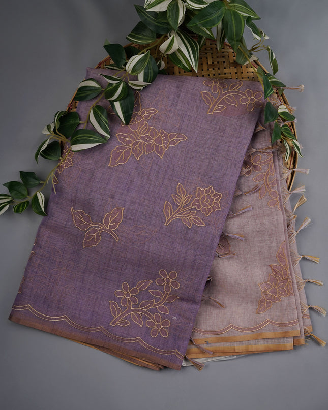 Lenin Tissue Saree with Thread Embroidery Work- Lavender