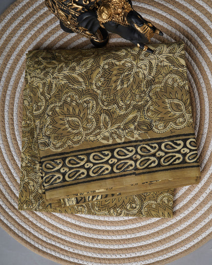Mul cotton saree with Kalamkari print  geometric border - Mehendi Green