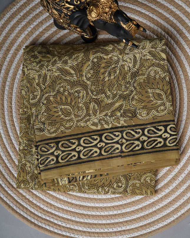 Mul cotton saree with Kalamkari print  geometric border - Mehendi Green