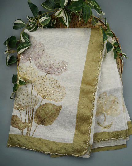 Tissue Lenin Floral Digital Print with Scallop Border Kardana and Peal Work- Pista Green