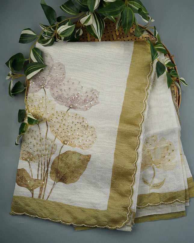 Tissue Lenin Floral Digital Print with Scallop Border Kardana and Peal Work- Pista Green