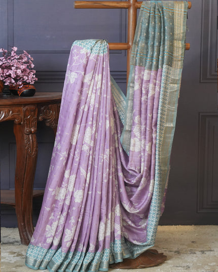 Muslin Silk Floral Print Golden Buttis With Contrast Border - Lavender