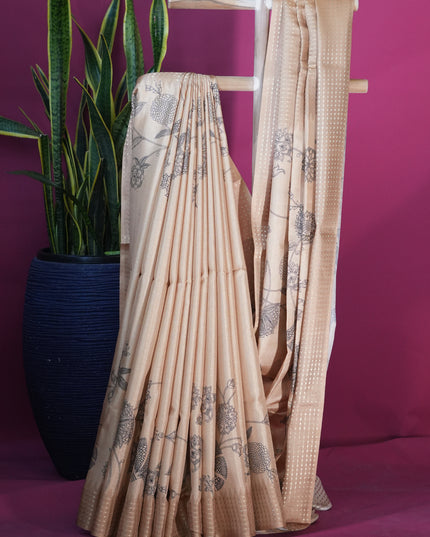 Tussar silk saree floral print with weaving check border - Gold