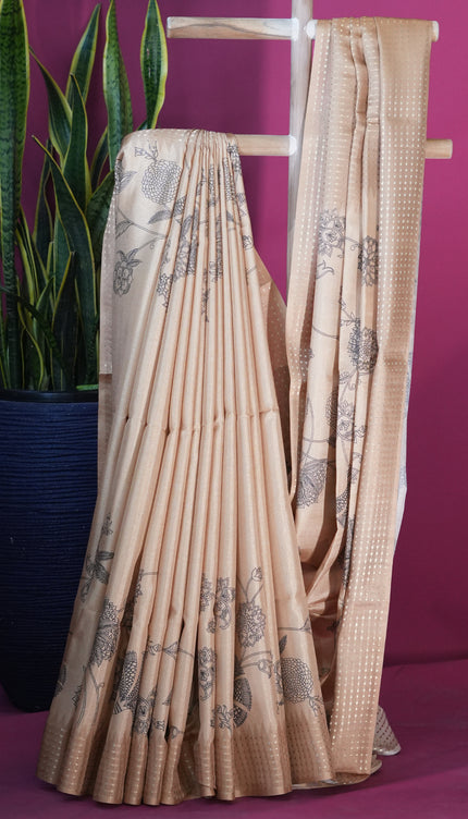 Tussar silk saree floral print with weaving check border - Gold