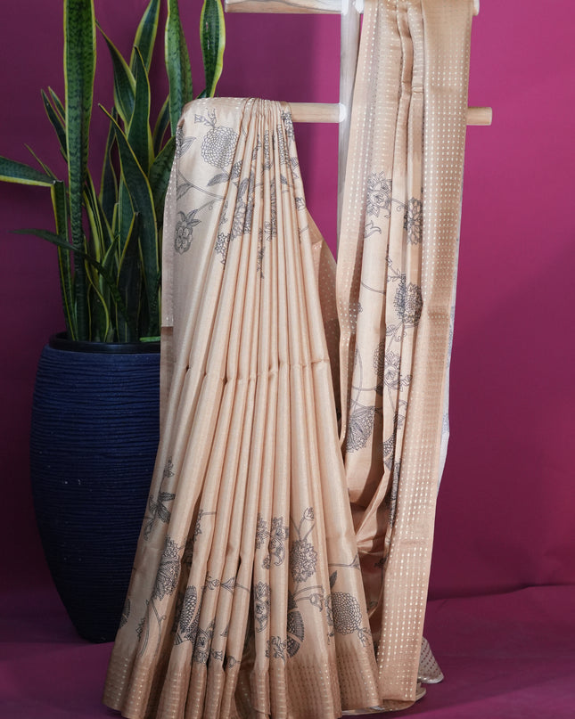 Tussar silk saree floral print with weaving check border - Gold