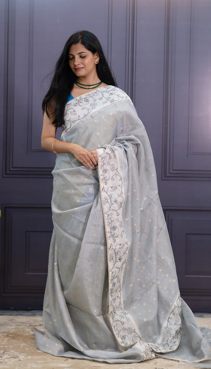 Silk Kota Saree with Digital Print  and Lace Border