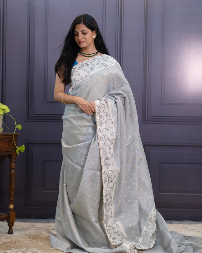 Silk Kota Saree with Digital Print  and Lace Border