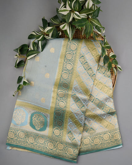 Tissue Banaras Saree with Golden Zari Butties and Contrast Border- Light Blue