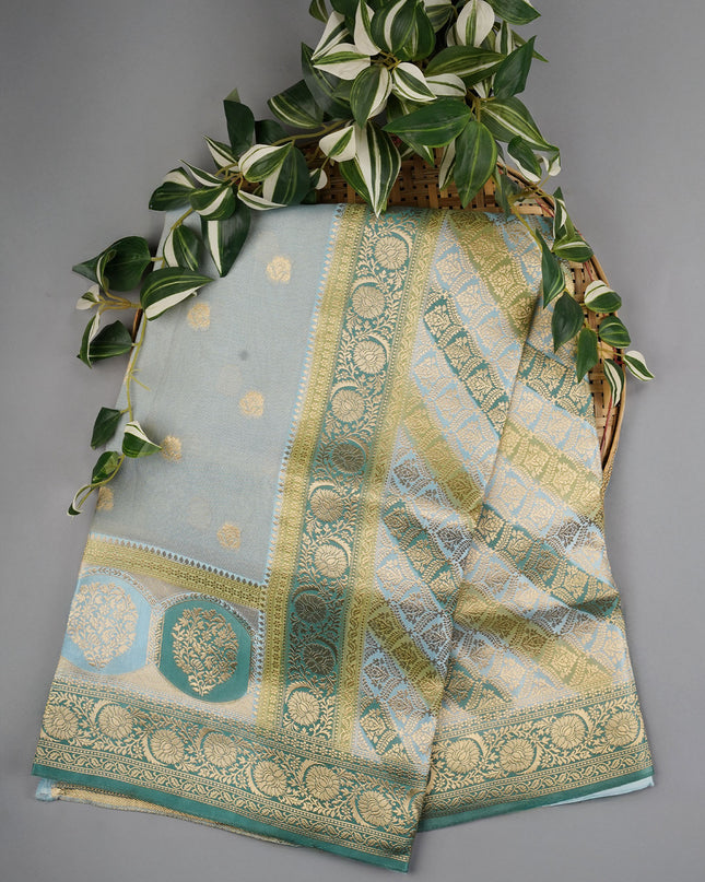 Tissue Banaras Saree with Golden Zari Butties and Contrast Border- Light Blue