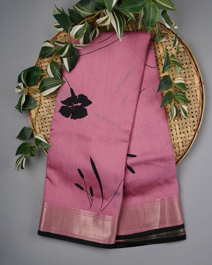 Muslin Silk Digital Print With Gold Zari Border - Pink