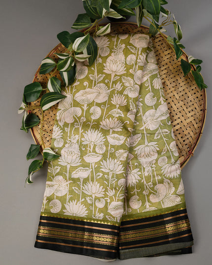 Mangalagiri Silk With Digital Print Contrast Border - Pista Green