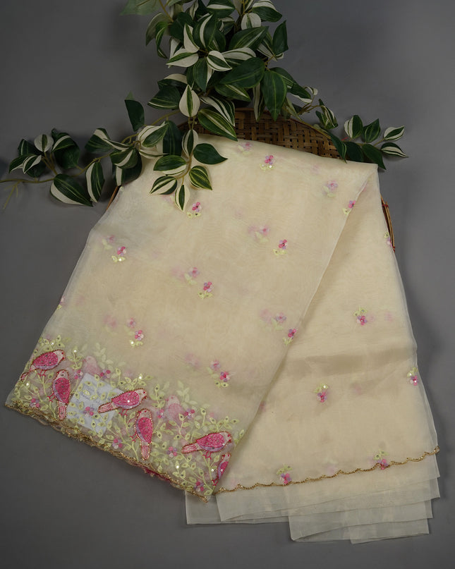 Tissue Organza Thread Embroidery Buttis with Scallop Border Kardana Work - Off White