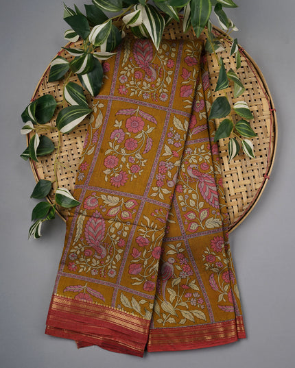 Chanderi Silk Floral Print With Contrast Border - Mustered