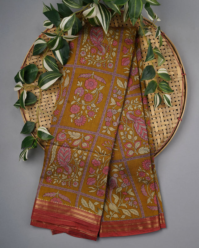 Chanderi Silk Floral Print With Contrast Border - Mustered