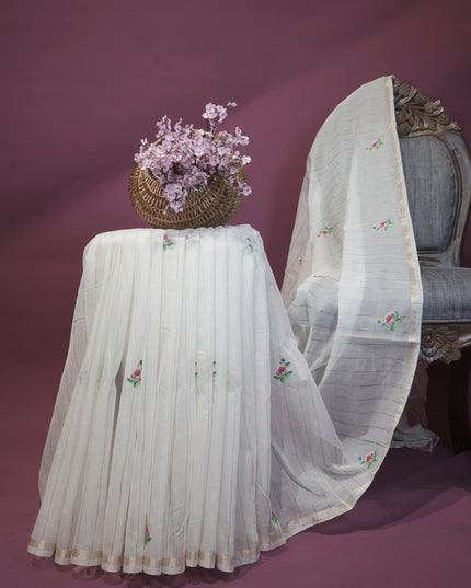 Soft chanderi silk saree with thread embroidery buttis - White
