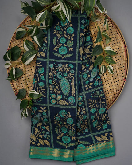 Chanderi Silk Floral Print With Contrast Border - Blue