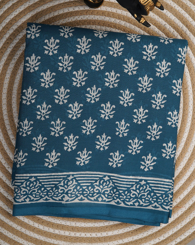 MulCotton Saree with Indigo Block Printed - Deep teal blue
