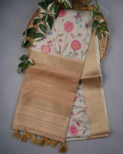 Tusser Weaving Checks Floral Print with Golden Border- Beige