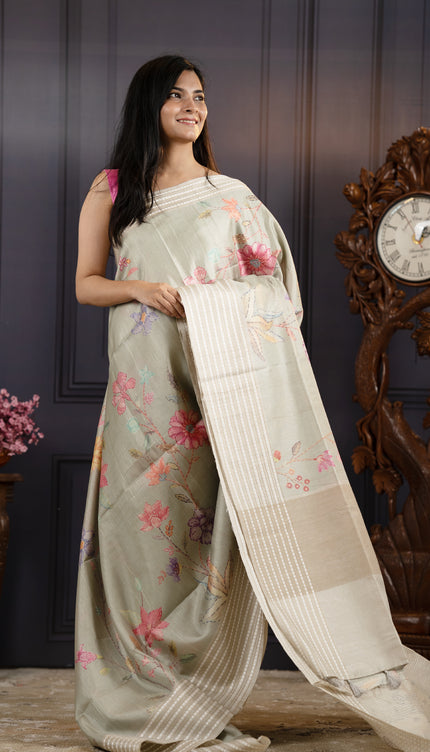 Tusser Silk Saree With Digital Floral Design - Pista Green