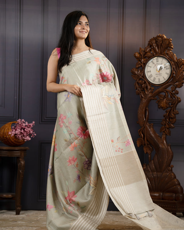 Tusser Silk Saree With Digital Floral Design - Pista Green