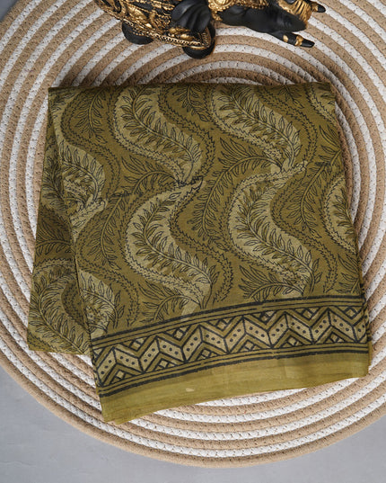 Chanderi cotton saree with Kalamkari print - Olive Green
