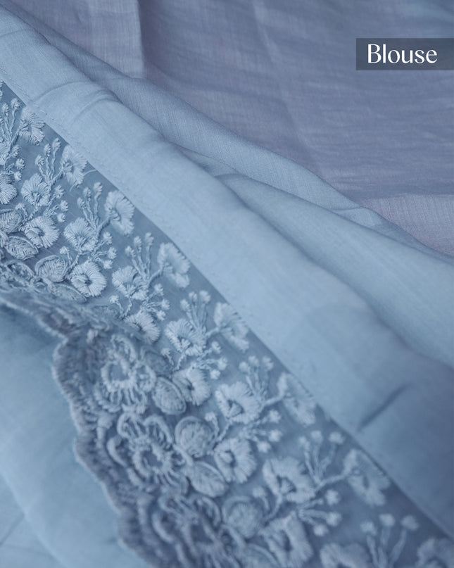 Mul Chanderi saree with Mirror work and lace Border - Blue